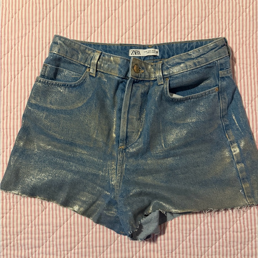 Zara Shimmery Blue Denim High-Rise Shorts